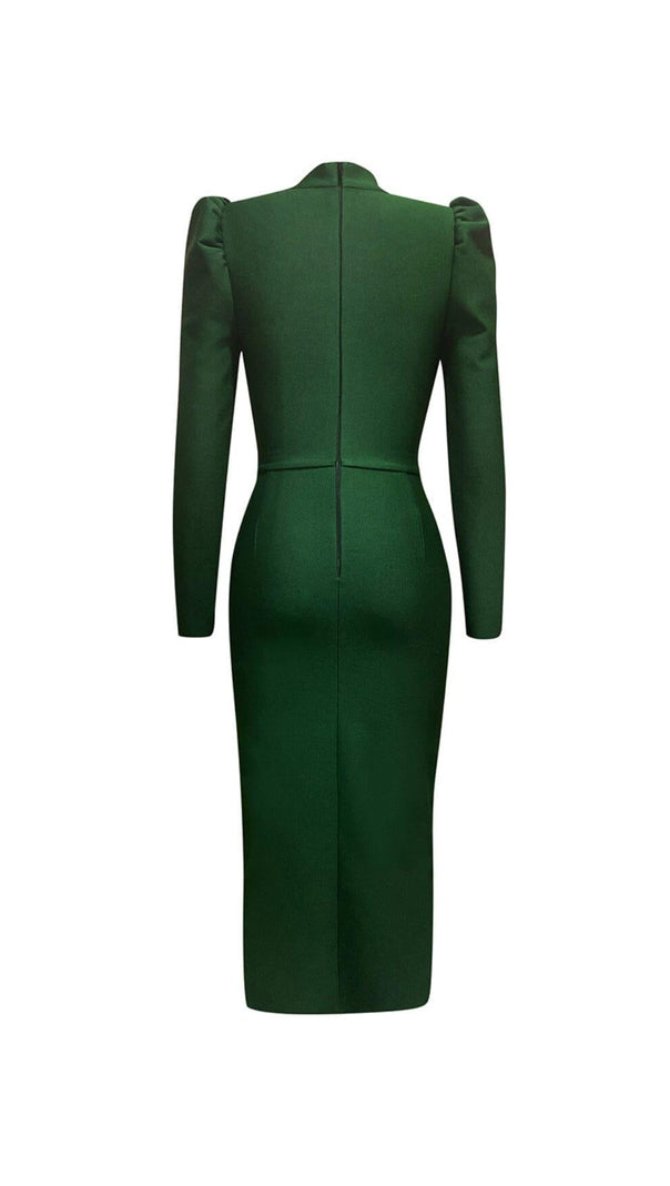 AIIZIE DARK GREEN CHEST HOLLOW LACE STITCHED SLIM MIDI DRESS - product image