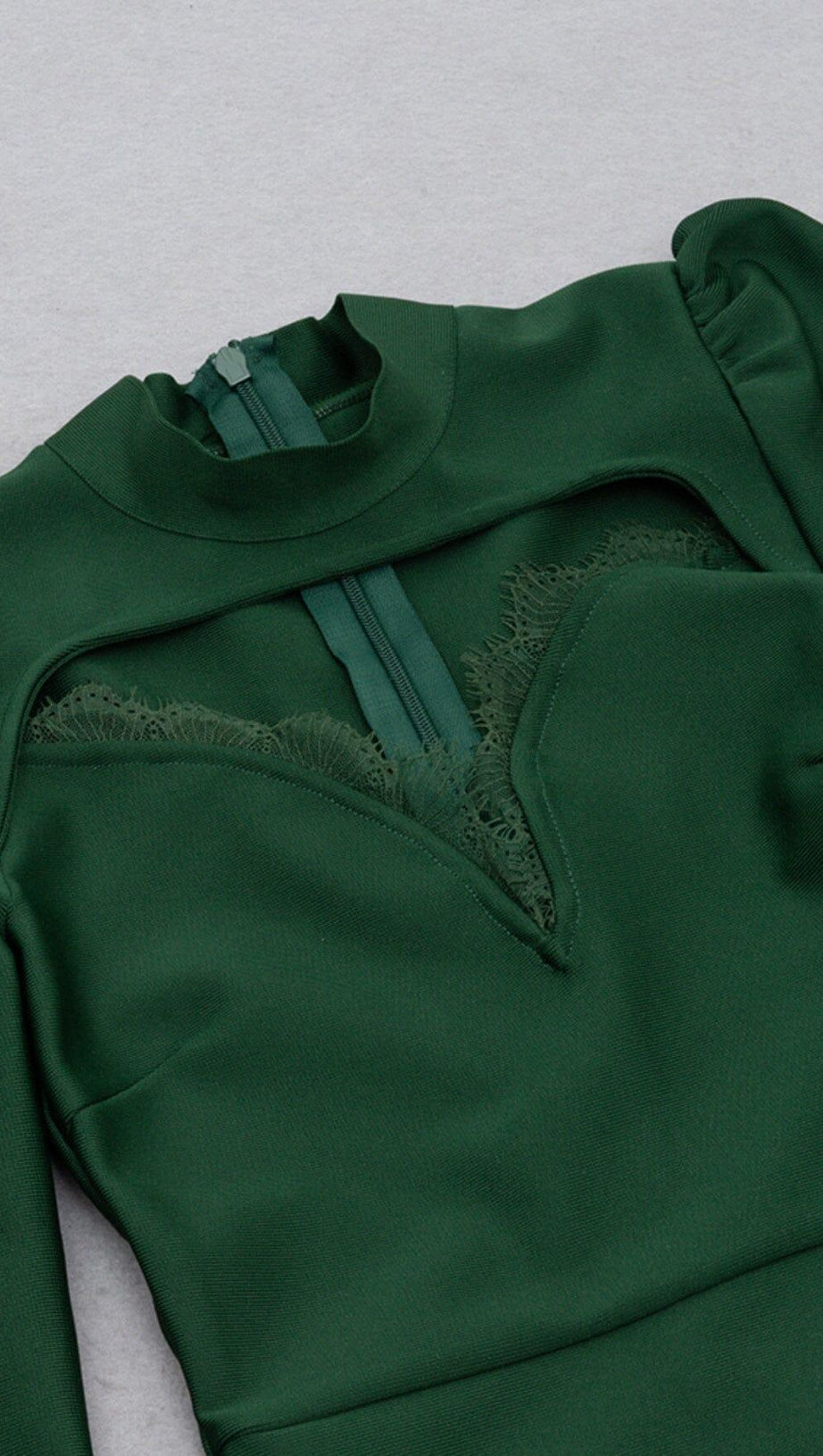 DARK GREEN CHEST HOLLOW LACE STITCHED SLIM MIDI DRESS
