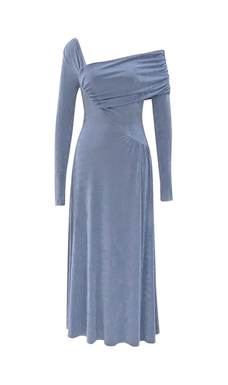 GRAU-BLAUES OFF-SHOULDER MIDIKLEID