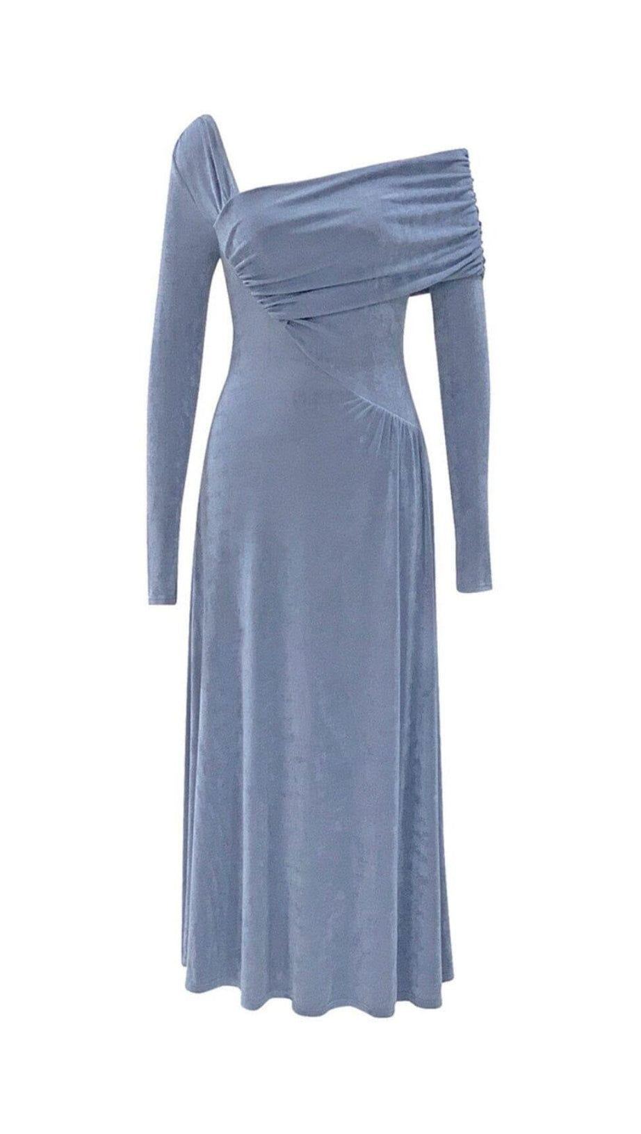 ABITO MIDI GRIGIO-BLU CON SPALLE SCOPERTE