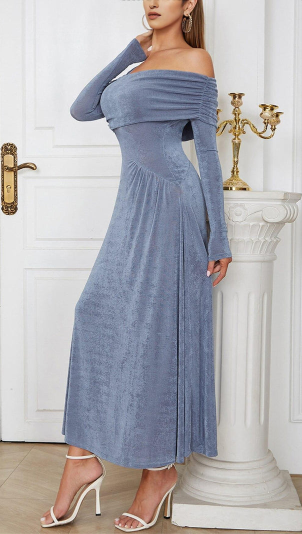 AIIZIE GREY-BLUE OFF SHOULDER MIDI DRESS - product image