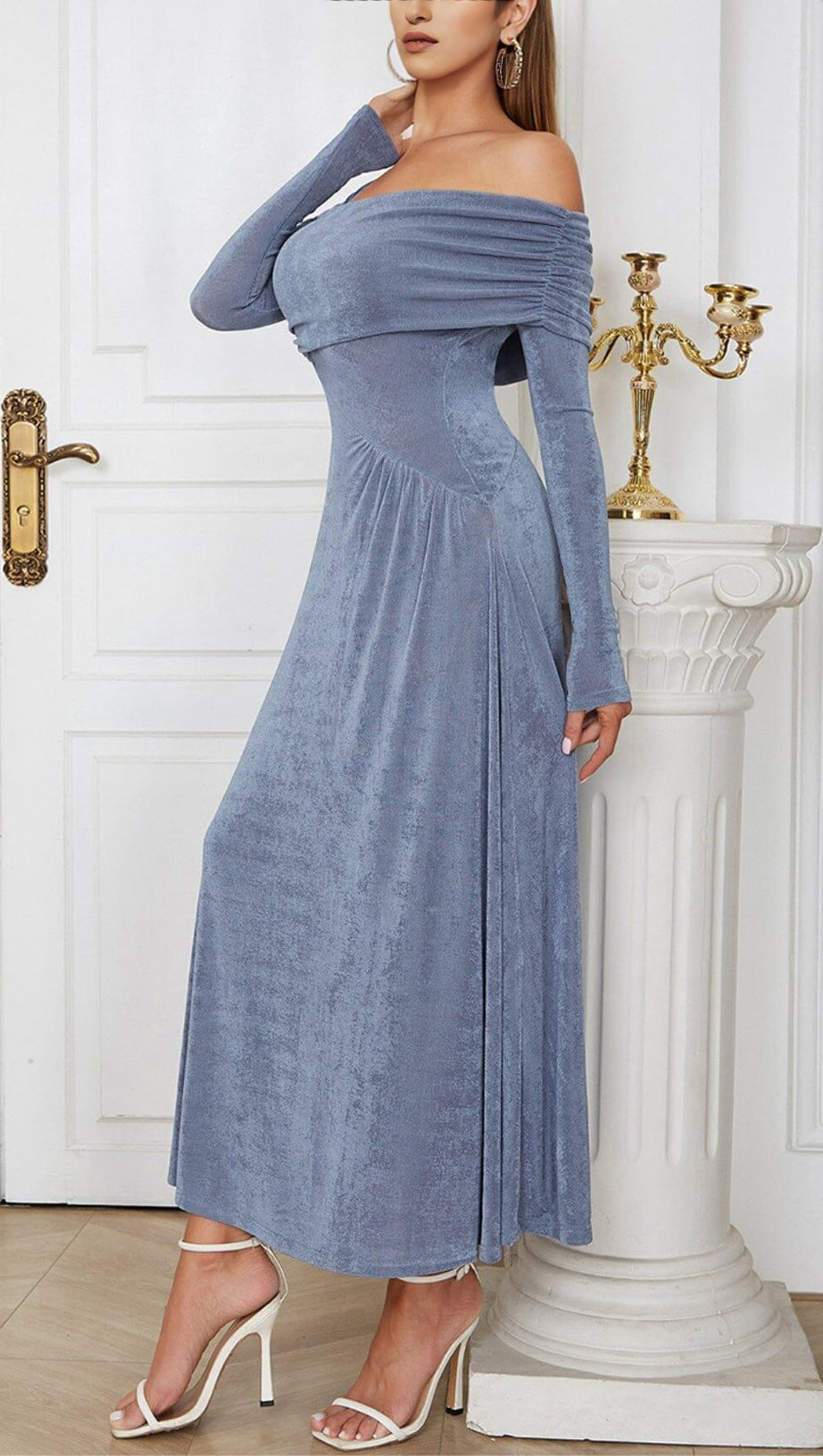 GREY-BLUE OFF SHOULDER MIDI DRESS