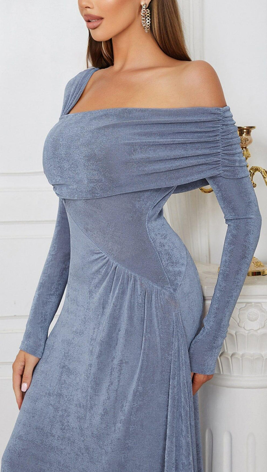 GREY-BLUE OFF SHOULDER MIDI DRESS