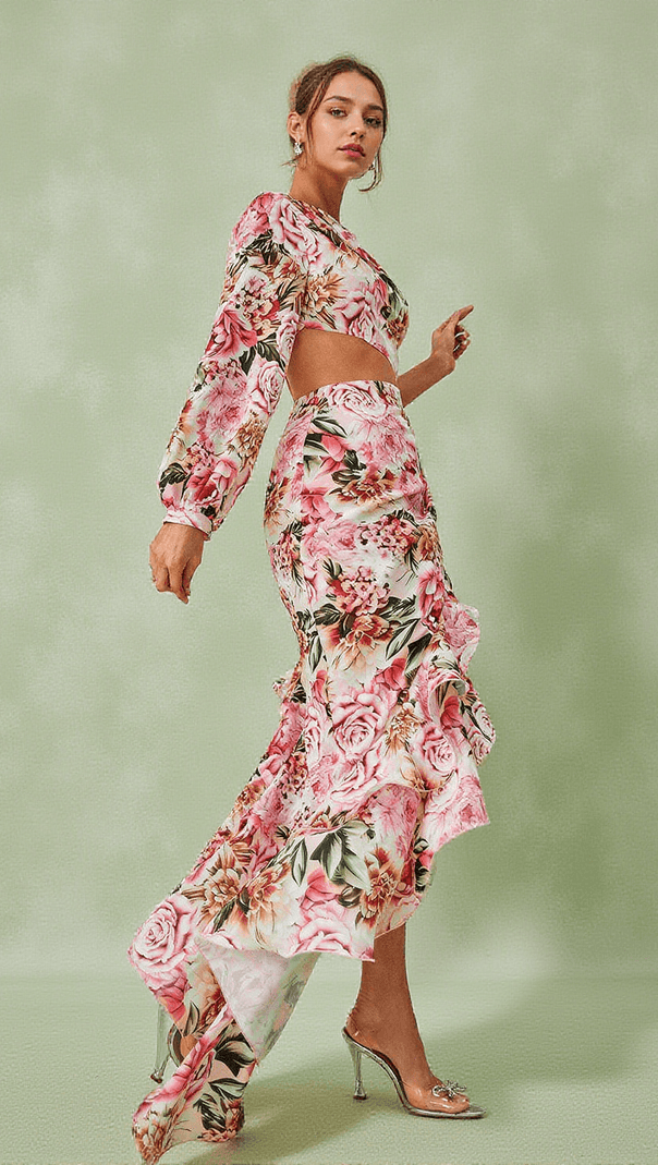 AIIZIE AIYANA ONE SHOULDER FLORAL MAXI DRESS IN PINK - product image