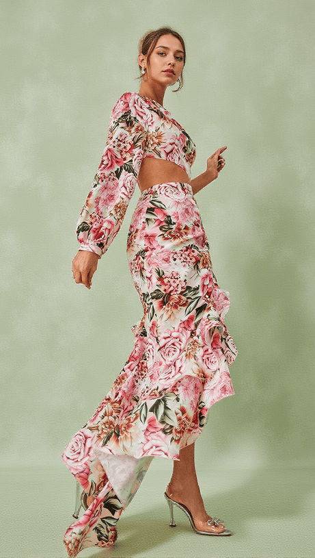 ABITO LUNGO FLOREALE MONOSPALLA AIYANA ROSA