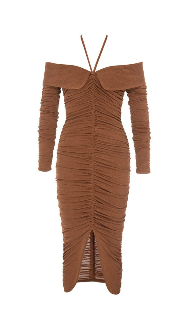 AIIZIE BROWN OFF-THE-SHOULDER PLEATED LONG-SLEEVED MIDI DRESS - product image