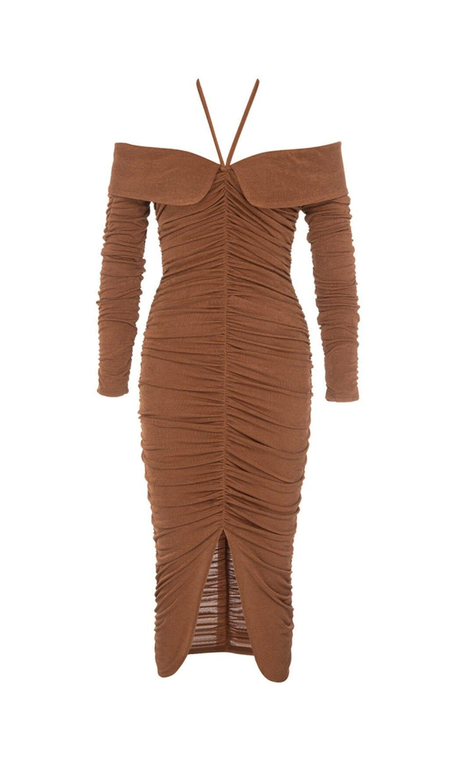 BRAUNES OFF-THE-SHOULDER-MIDIKLEID MIT LANGEN ÄRMELN UND PLISSEE