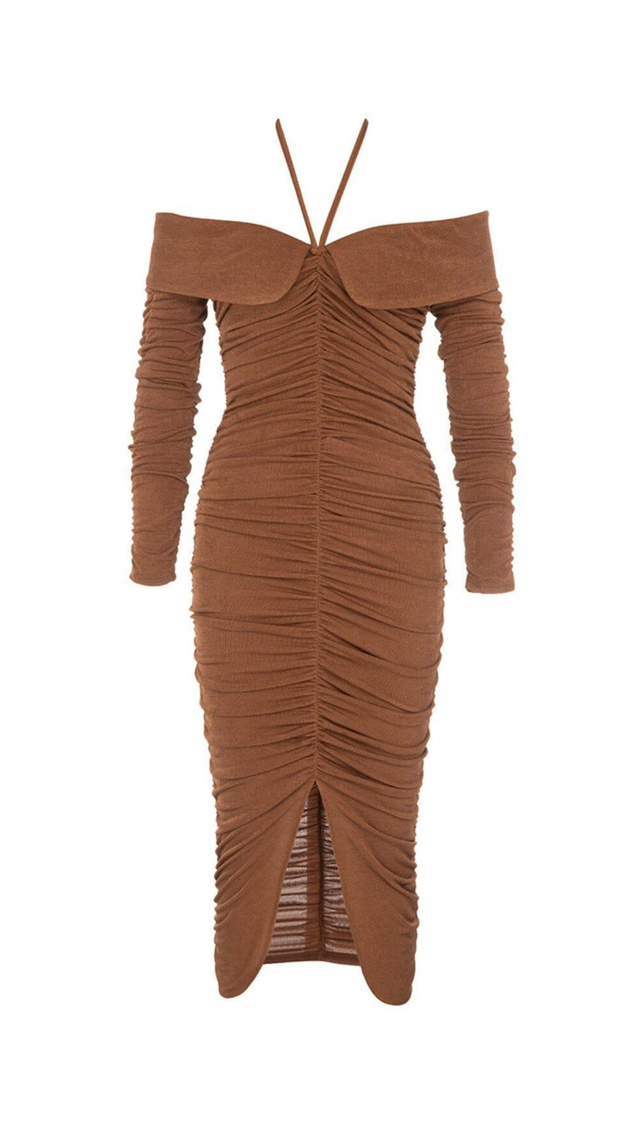 BROWN OFF-THE-SHOULDER PLEATED LONG-SLEEVED MIDI DRESS