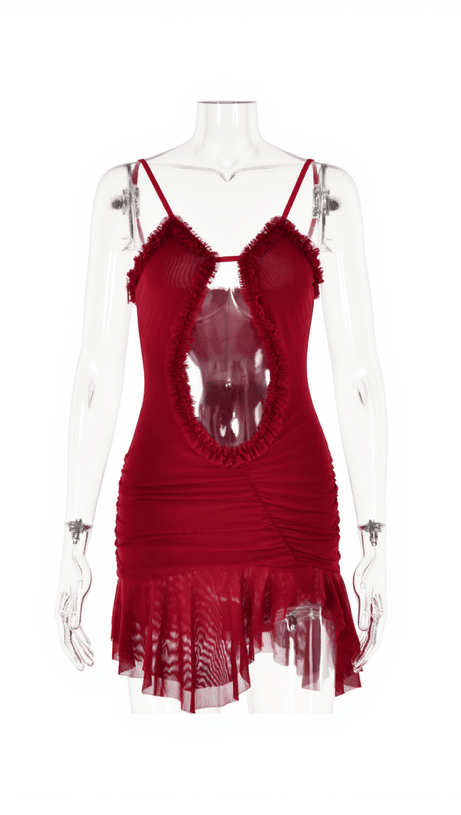 OLIVIER RUCHED PATCHWORK MESH DRESS IN RED