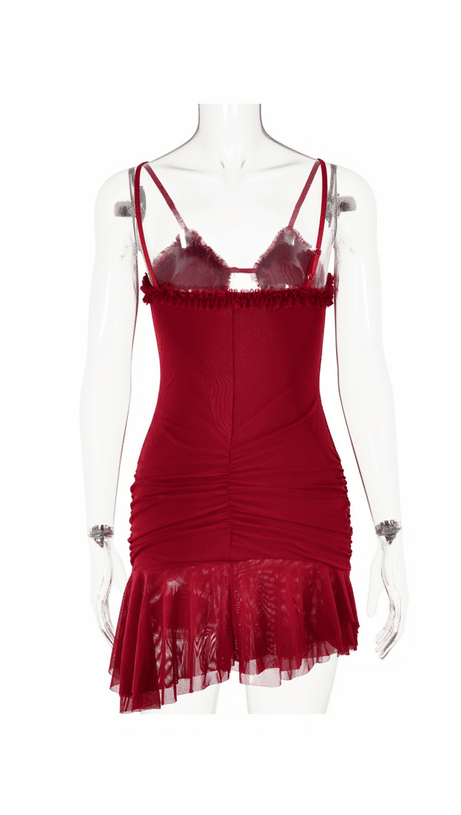 OLIVIER RUCHED PATCHWORK MESH DRESS IN RED