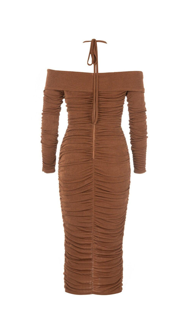 AIIZIE BROWN OFF-THE-SHOULDER PLEATED LONG-SLEEVED MIDI DRESS - product image