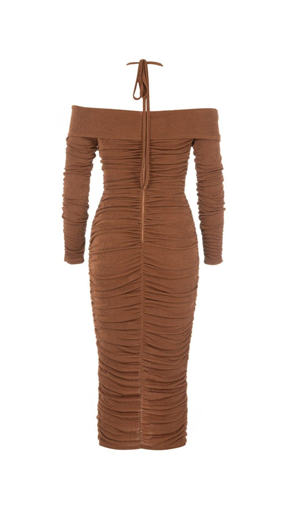 BROWN OFF-THE-SHOULDER PLEATED LONG-SLEEVED MIDI DRESS