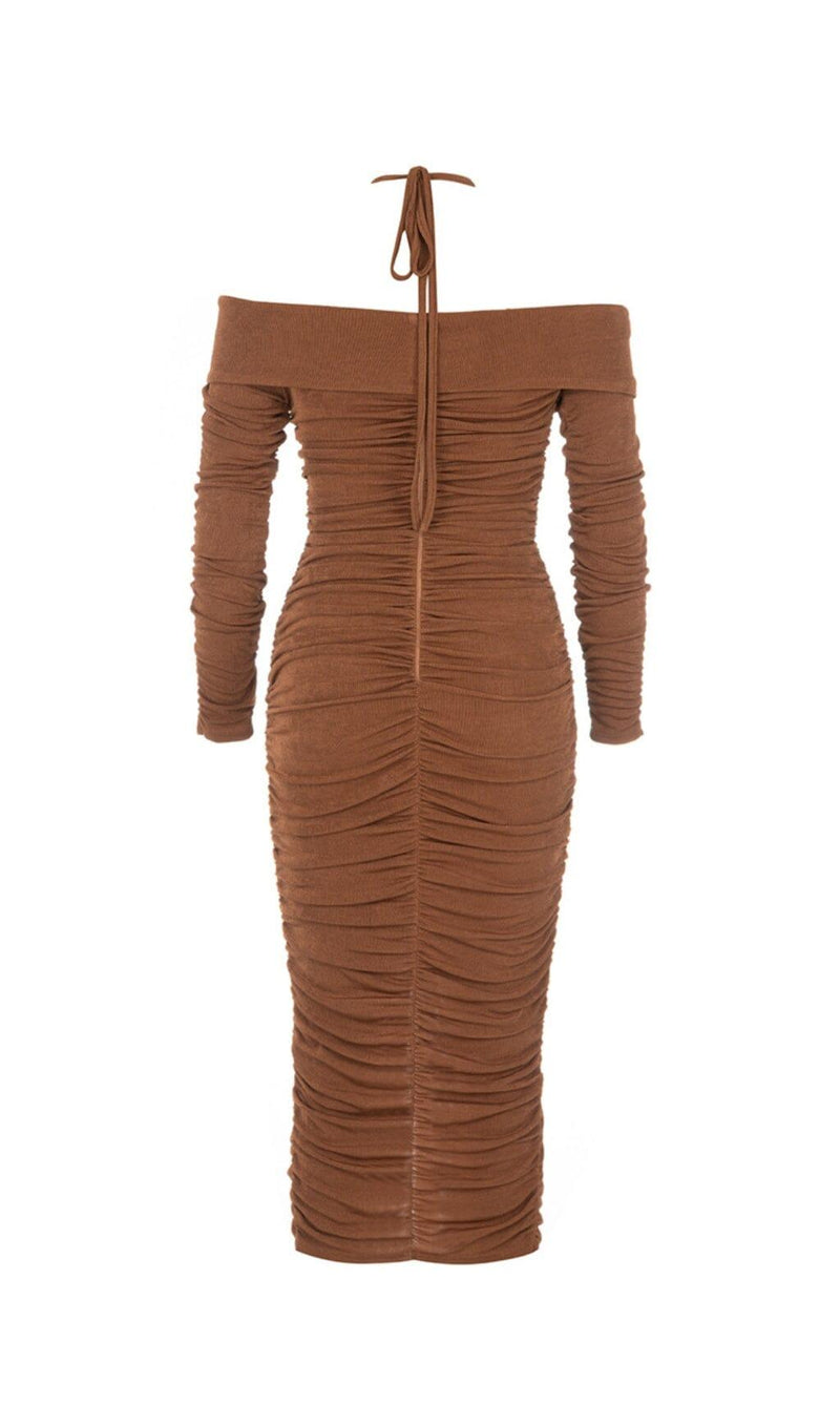 BROWN OFF-THE-SHOULDER PLEATED LONG-SLEEVED MIDI DRESS