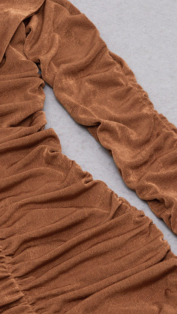 AIIZIE BROWN OFF-THE-SHOULDER PLEATED LONG-SLEEVED MIDI DRESS - product image