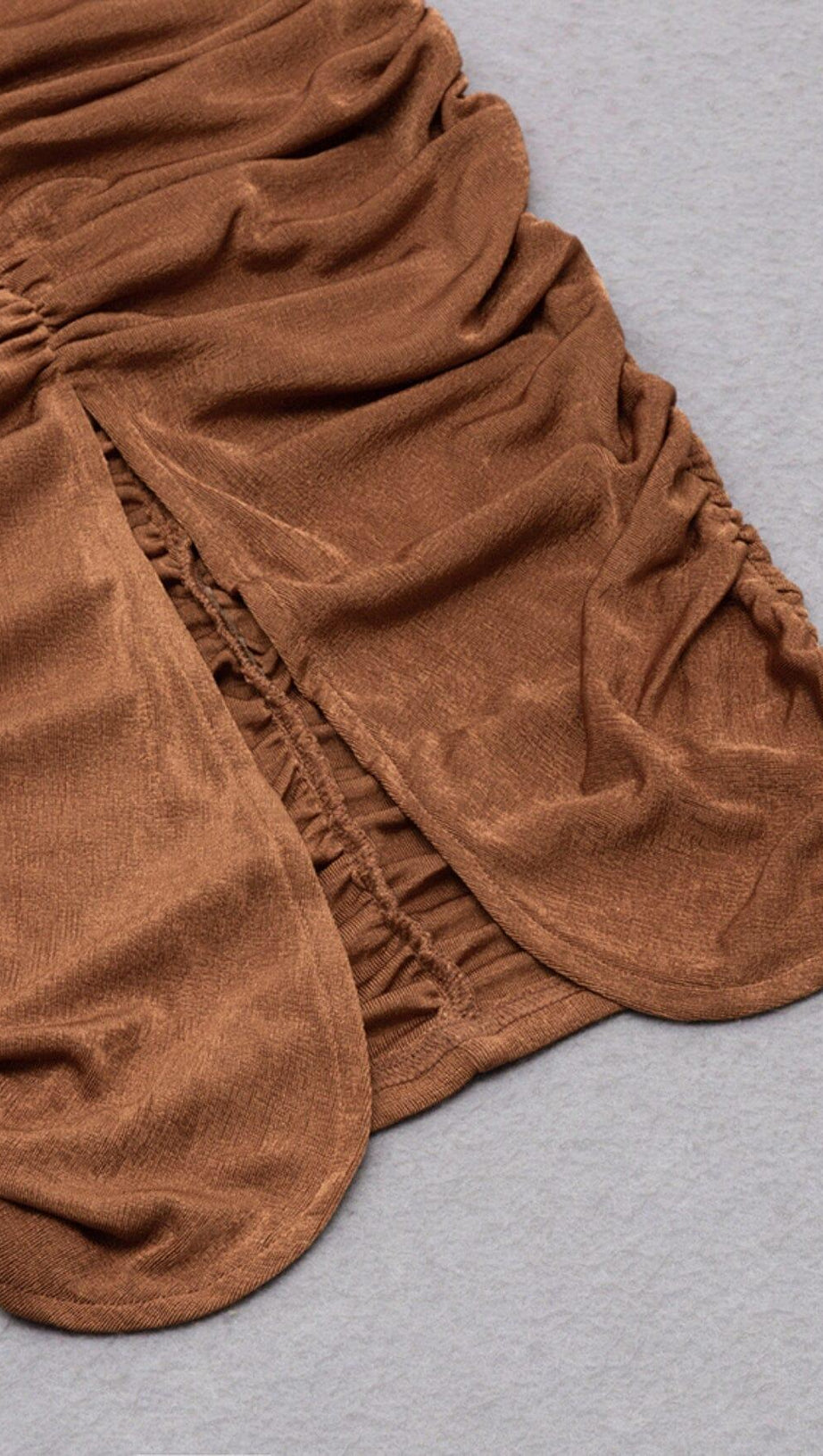 BROWN OFF-THE-SHOULDER PLEATED LONG-SLEEVED MIDI DRESS