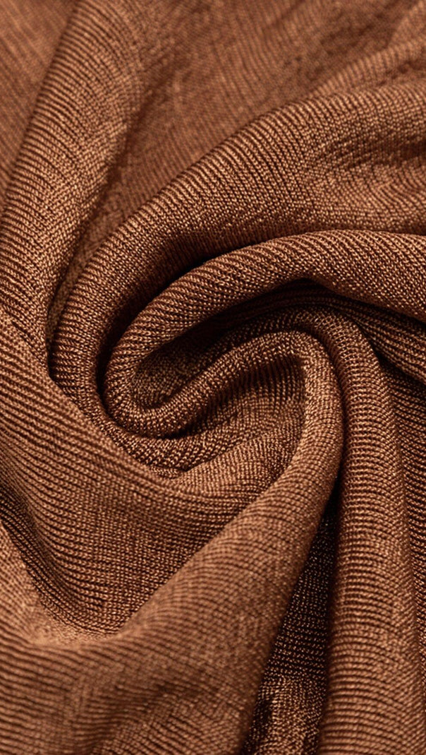 Brown Off-the-Shoulder Pleated Long-Sleeved Midi Dress