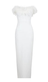 FEATHER BODYCON MAXI DRESS IN WHITE