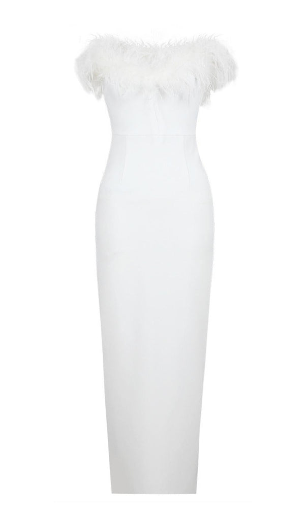 FEATHER BODYCON MAXI DRESS IN WHITE