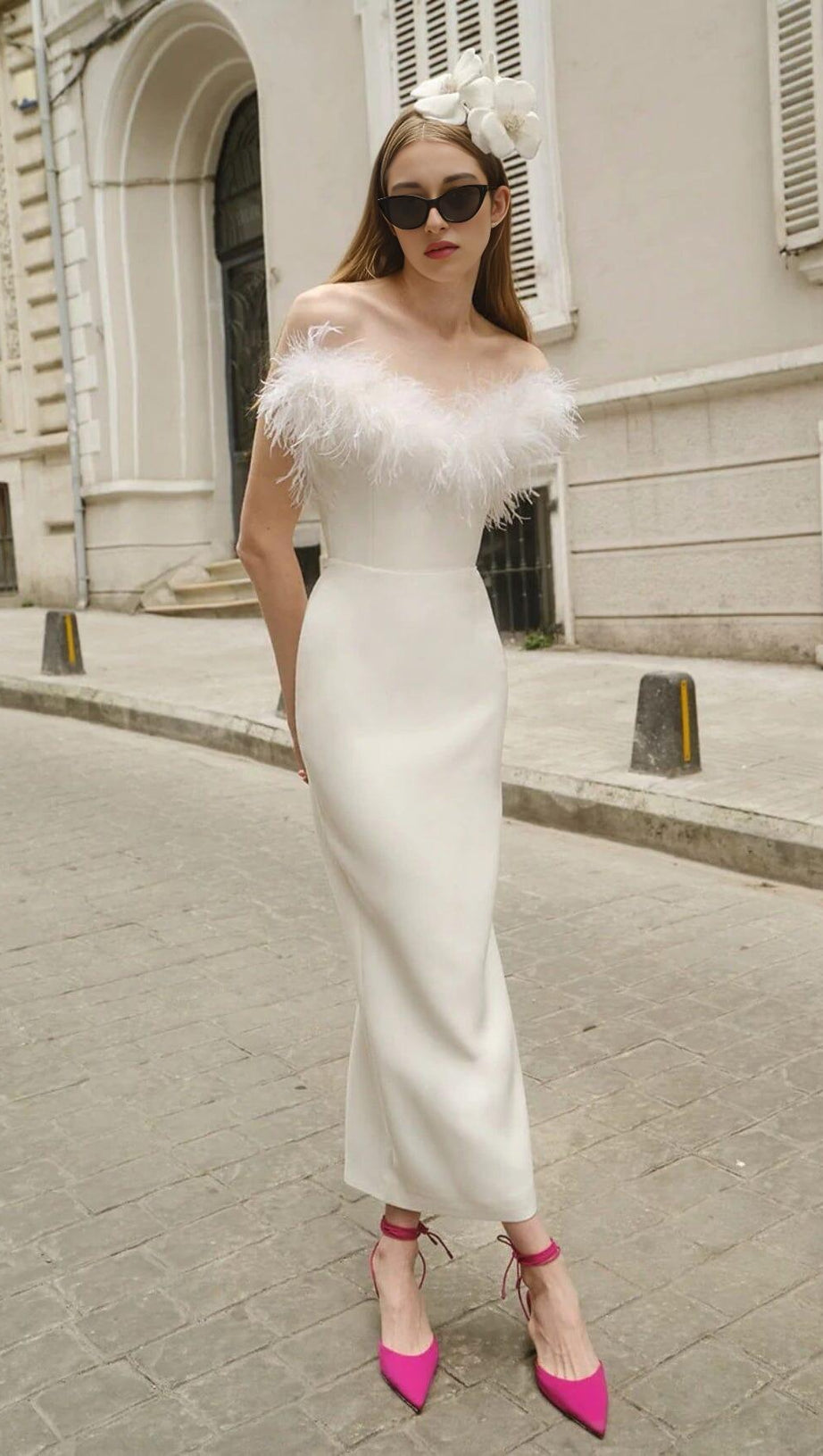 FEATHER BODYCON MAXI DRESS IN WHITE