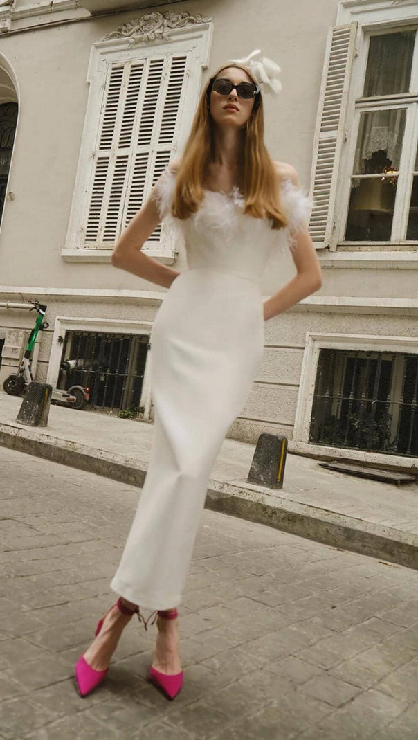 AIIZIE FEATHER BODYCON MAXI DRESS IN WHITE - product image