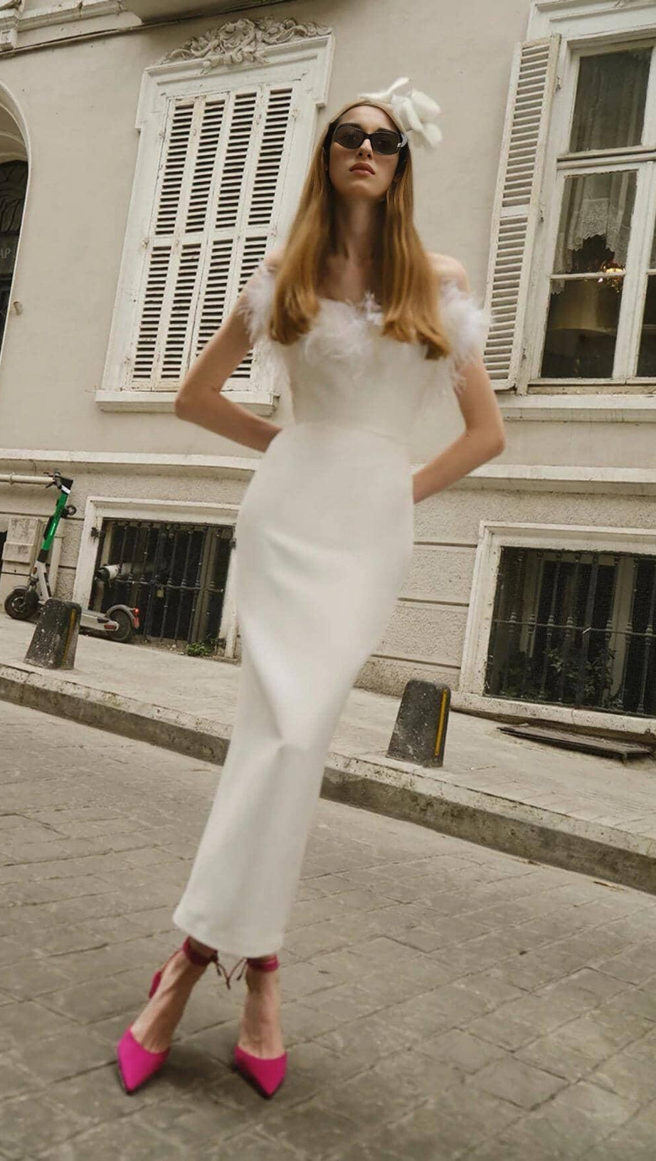 FEATHER BODYCON MAXI DRESS IN WHITE