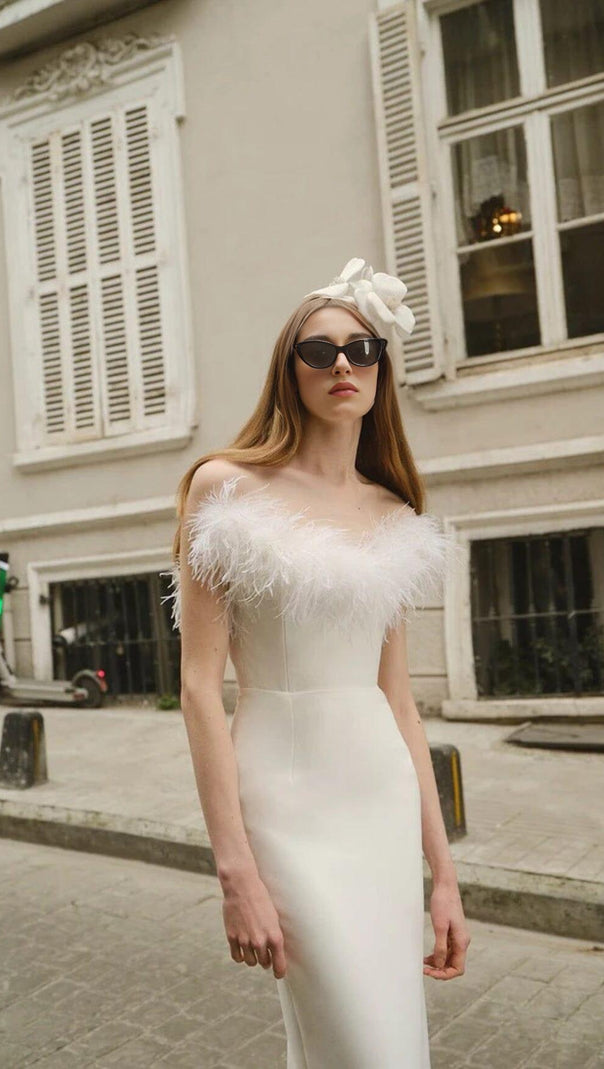 AIIZIE FEATHER BODYCON MAXI DRESS IN WHITE - product image