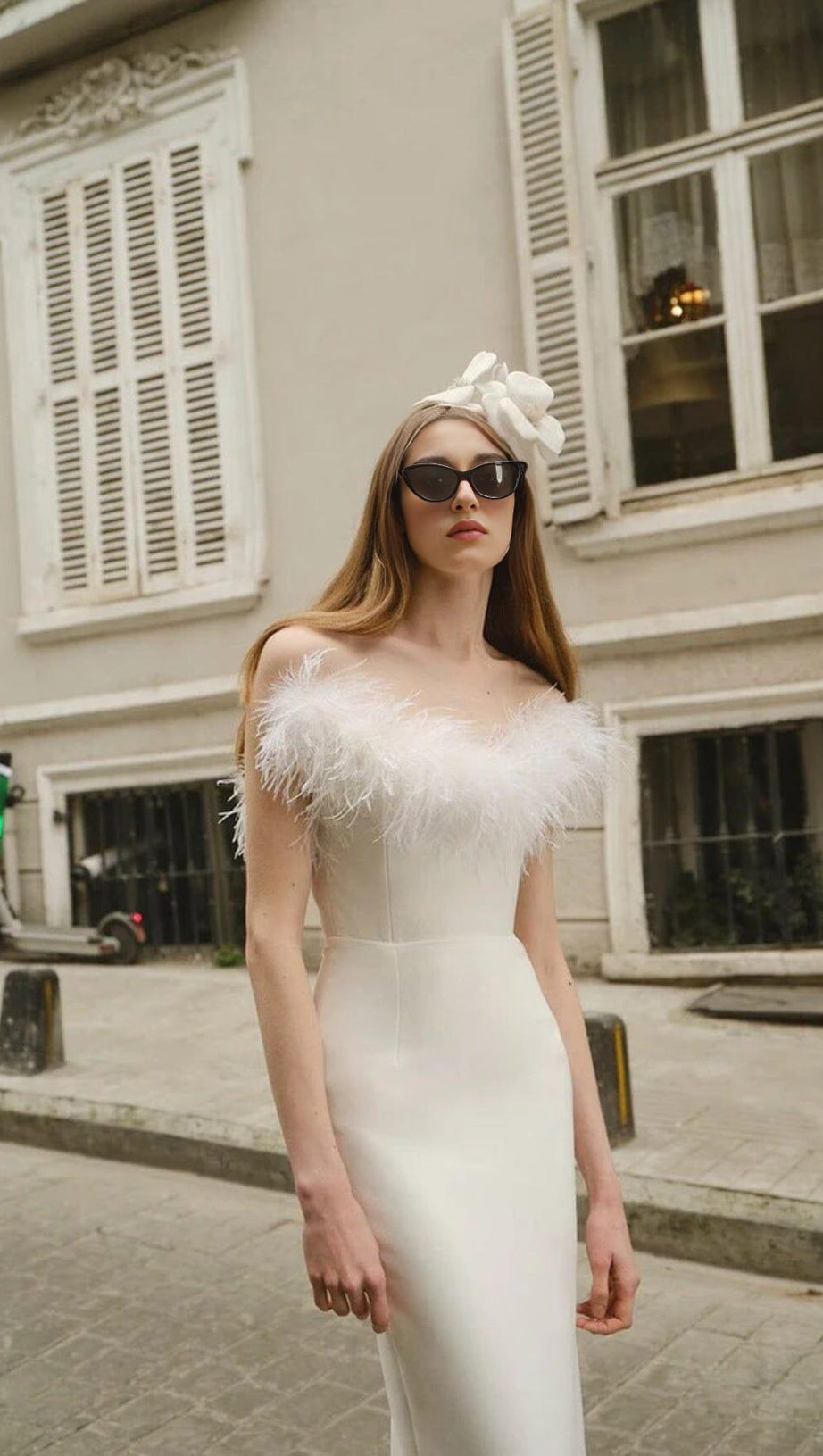 FEATHER BODYCON MAXI DRESS IN WHITE