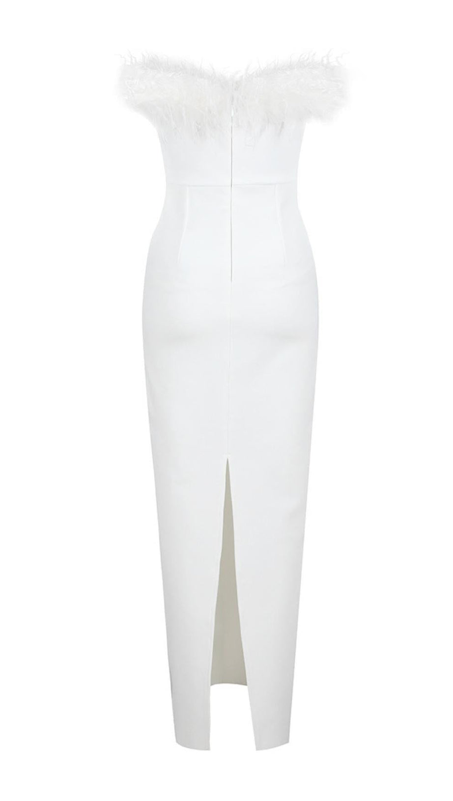 FEATHER BODYCON MAXI DRESS IN WHITE