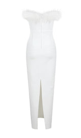 FEATHER BODYCON MAXI DRESS IN WHITE