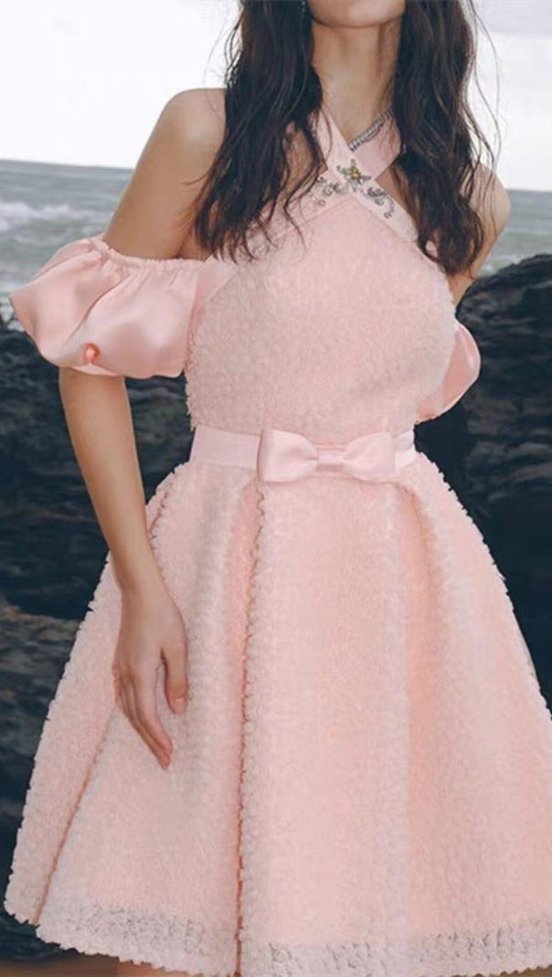 AIIZIE PINK HALTER NECK OFF SHOULDER MINI DRESS - product image