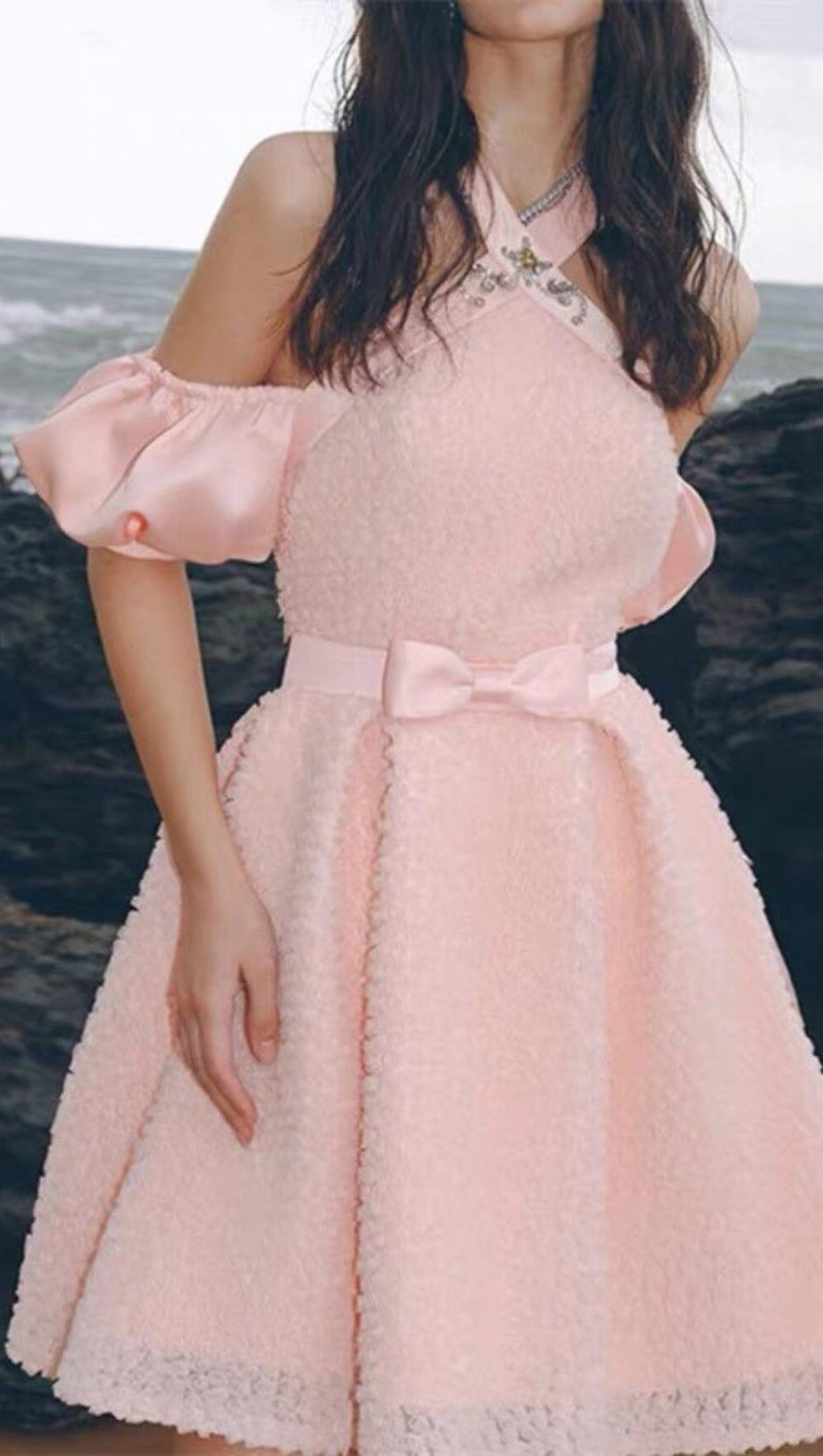 PINK HALTER NECK OFF SHOULDER MINI DRESS
