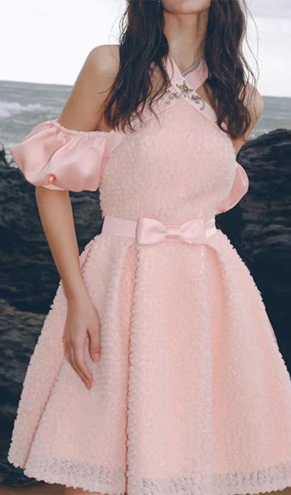 PINK HALTER NECK OFF SHOULDER MINI DRESS