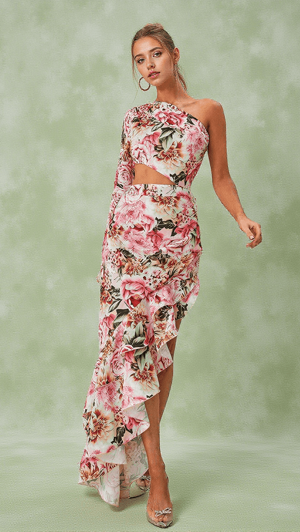 AIIZIE AIYANA ONE SHOULDER FLORAL MAXI DRESS IN PINK - product image