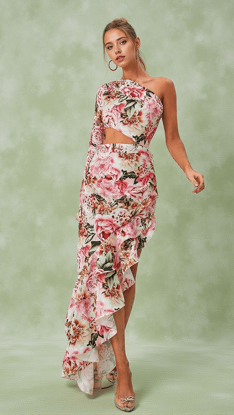 ABITO LUNGO FLOREALE MONOSPALLA AIYANA ROSA