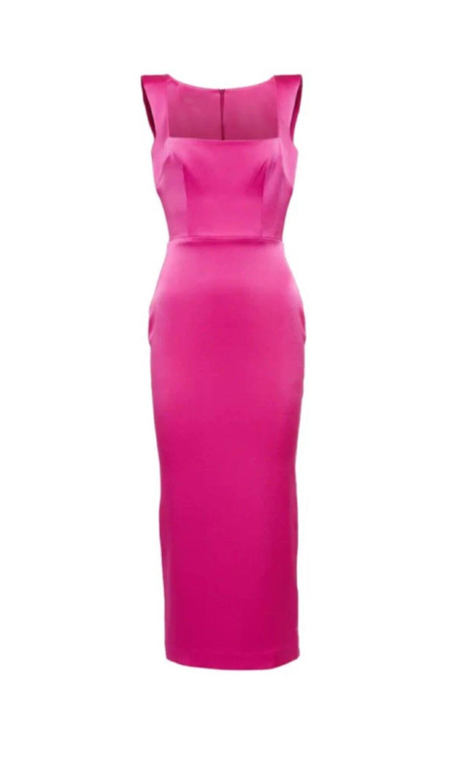 ABITO MIDI IN RASO CON SCOLLO QUADRATO IN ROSSO ROSA