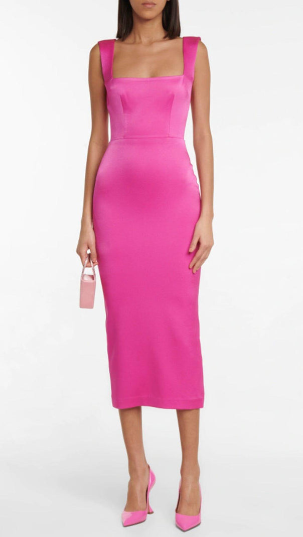 AIIZIE SQUARE-NECK SATIN MIDI DRESS IN ROSE RED - product image