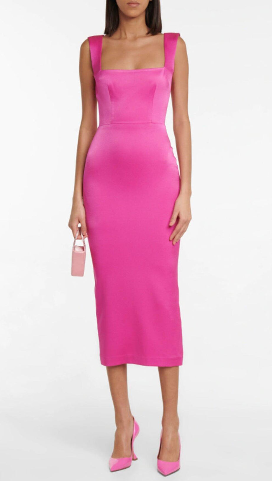 SQUARE-NECK SATIN MIDI DRESS IN ROSE RED