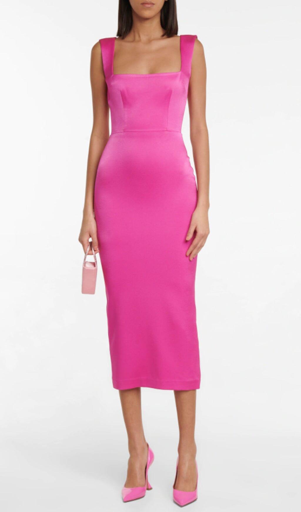 SQUARE-NECK SATIN MIDI DRESS IN ROSE RED