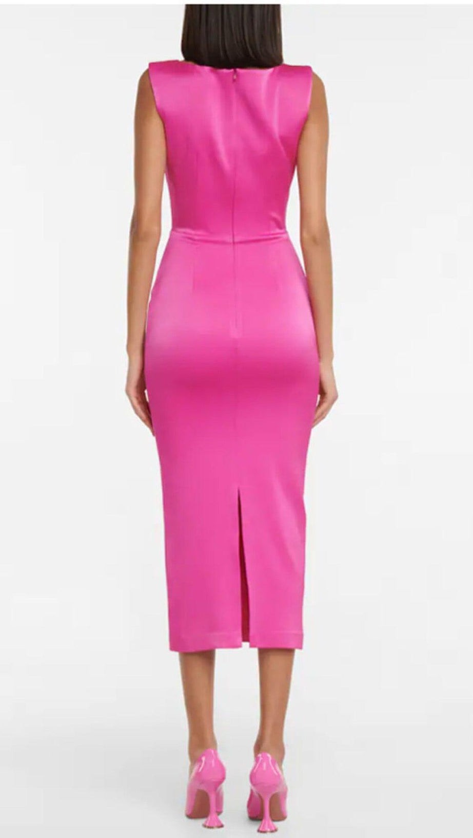 SQUARE-NECK SATIN MIDI DRESS IN ROSE RED