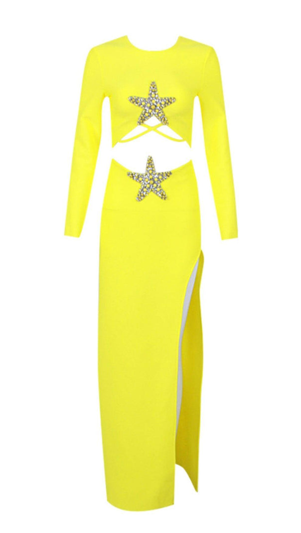 AIIZIE YELLOW BEADED STARFISH DIAMOND LONG SLEEVE HIGH WAISTED SPLIT SKIRT - product image