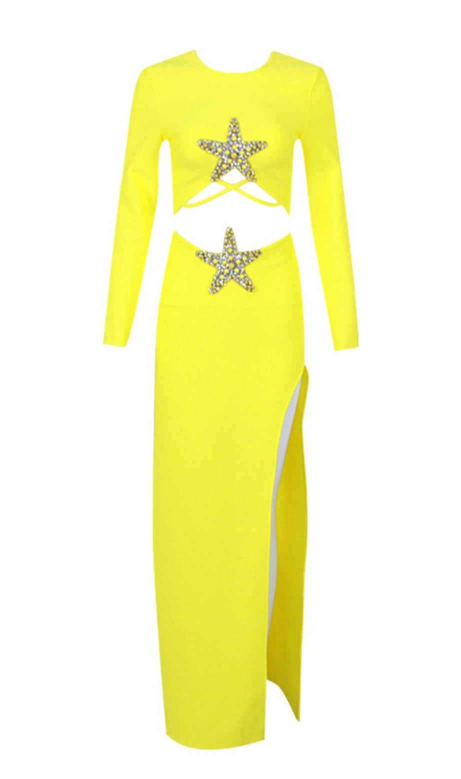 YELLOW BEADED STARFISH DIAMOND LONG SLEEVE HIGH WAISTED SPLIT SKIRT