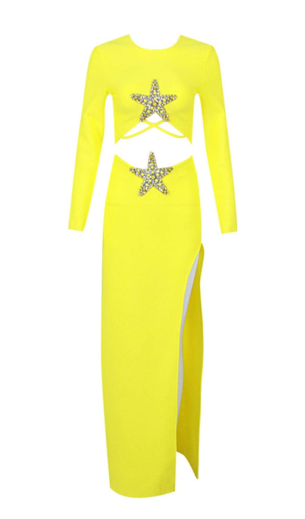 YELLOW BEADED STARFISH DIAMOND LONG SLEEVE HIGH WAISTED SPLIT SKIRT