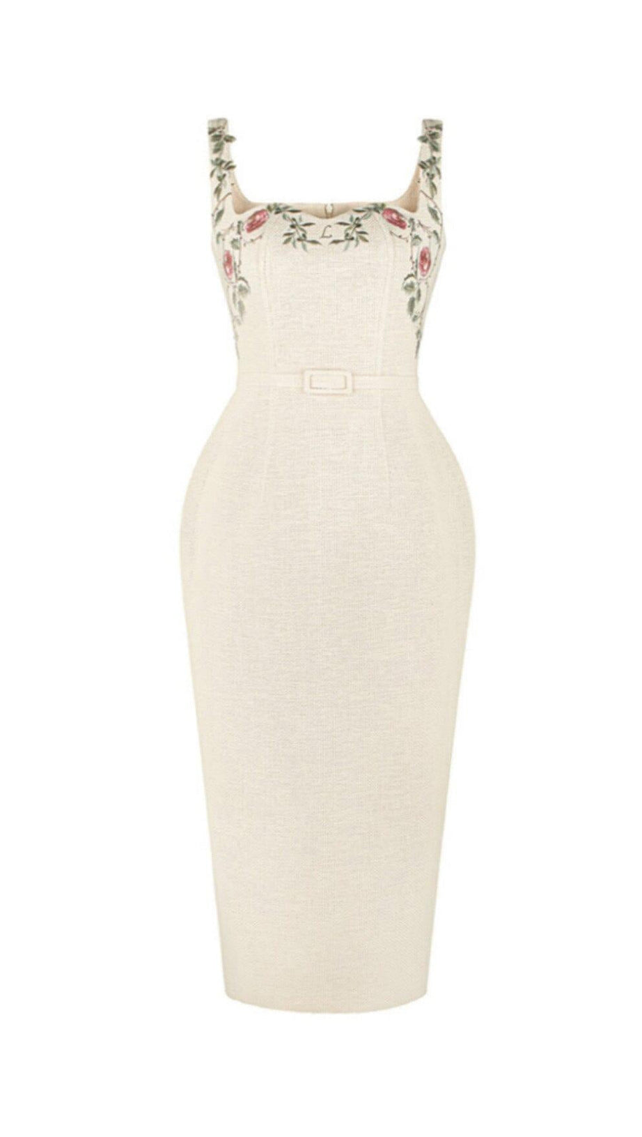 FLOWER EMBROIDERED LINEN SUSPENDER DRESS IN APRICOT
