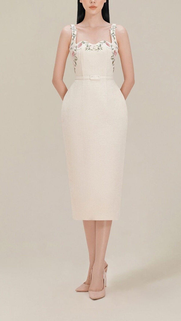 AIIZIE FLOWER EMBROIDERED LINEN SUSPENDER DRESS IN APRICOT - product image