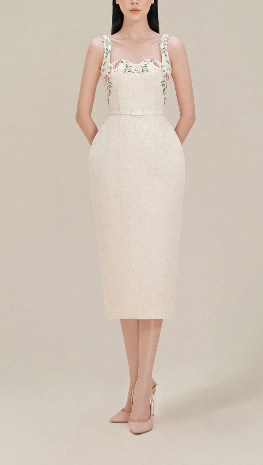 FLOWER EMBROIDERED LINEN SUSPENDER DRESS IN APRICOT