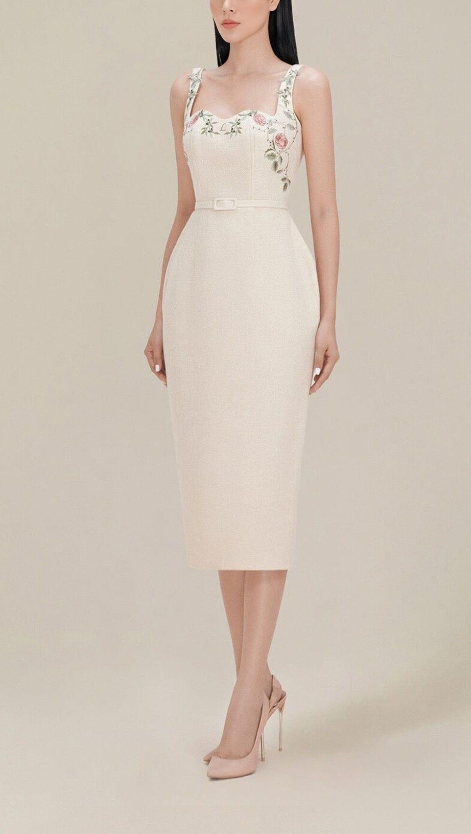 FLOWER EMBROIDERED LINEN SUSPENDER DRESS IN APRICOT