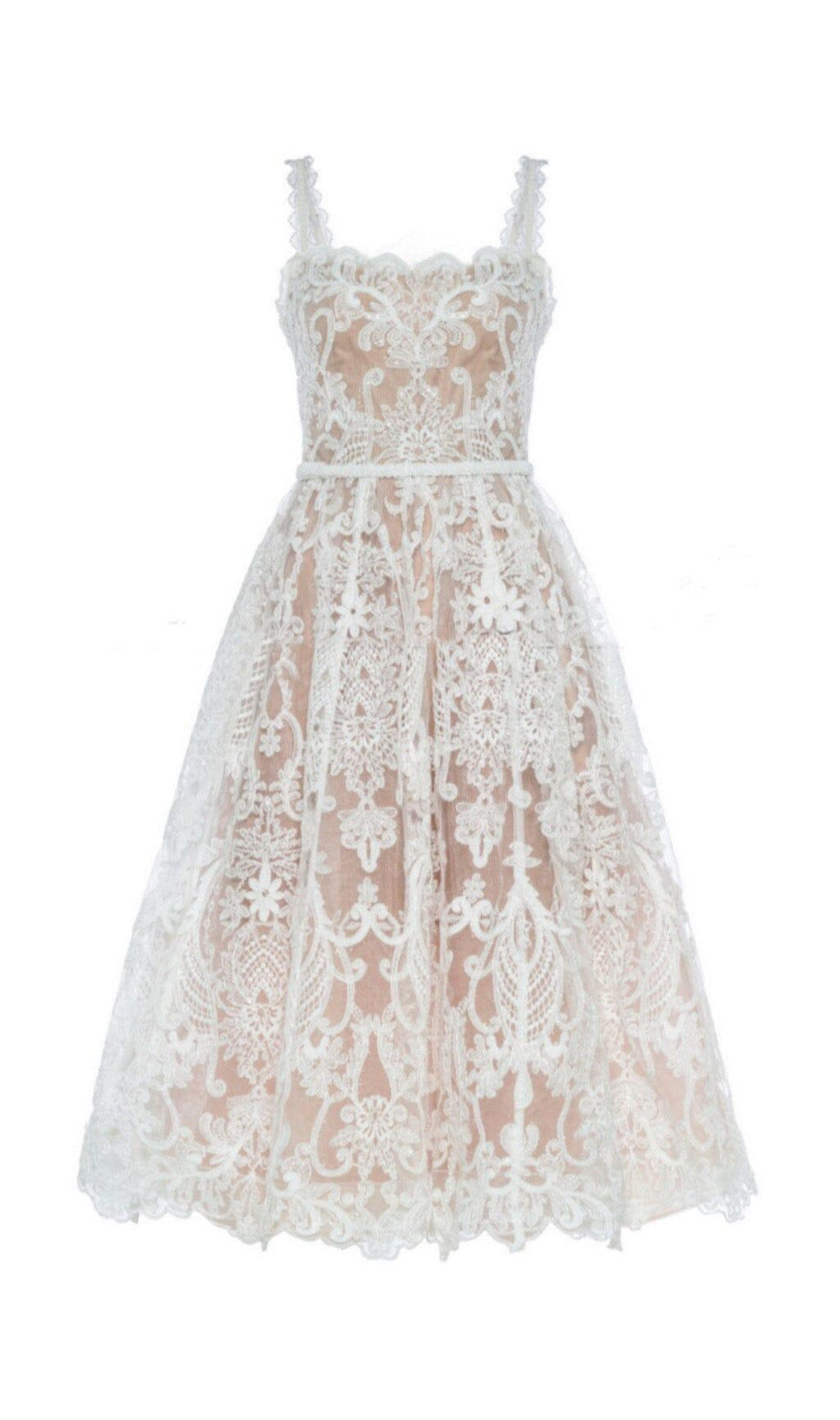 LACE STRAPPY MIDI DRESS IN APRICOT WHITE