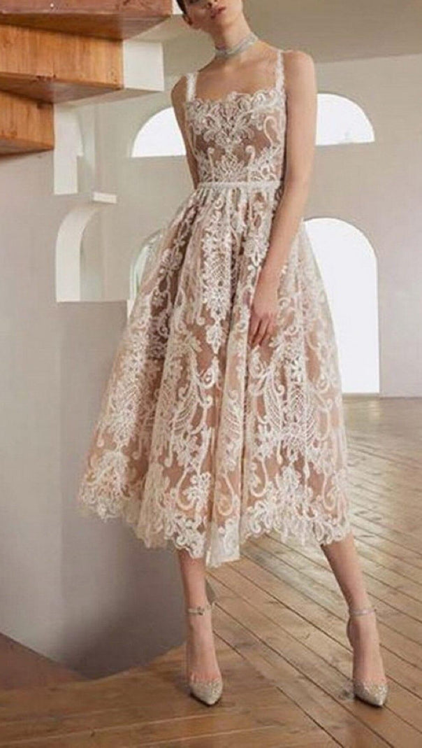 AIIZIE LACE STRAPPY MIDI DRESS IN APRICOT WHITE - product image