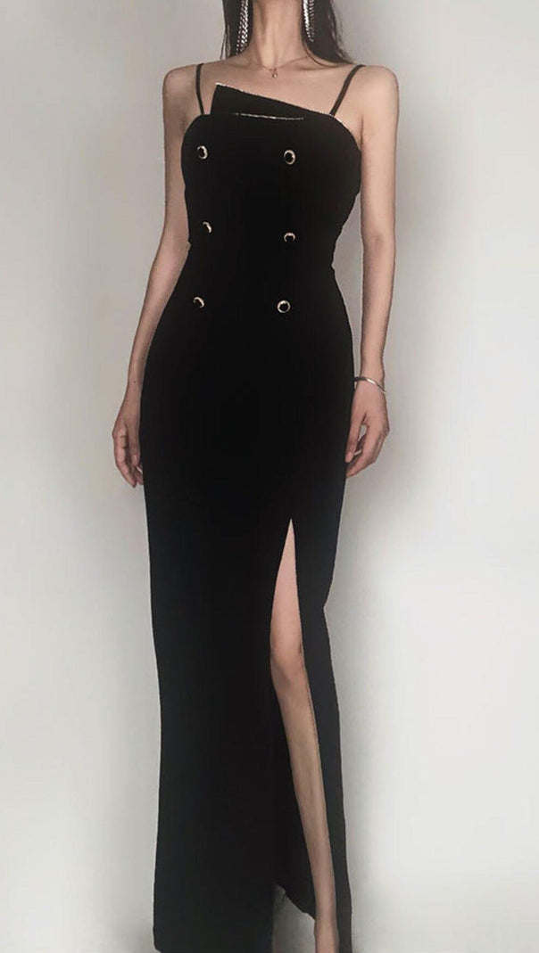 AIIZIE DOUBLE-BREASTED SUSPENDER DRESS IN BLACK - product image