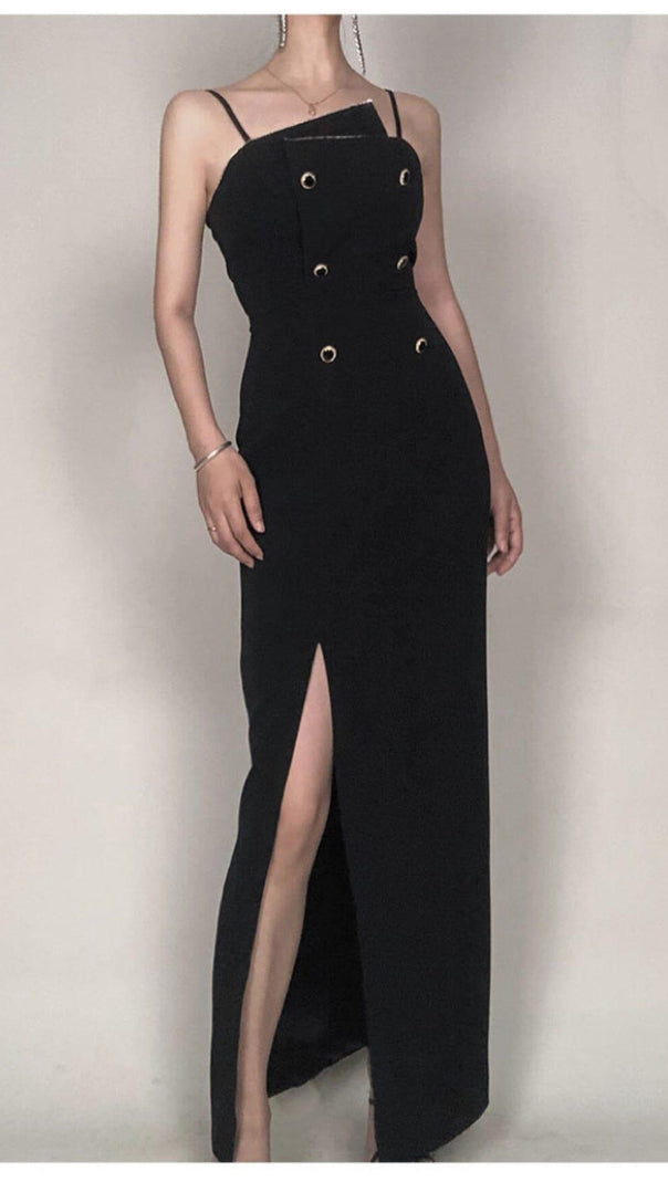 AIIZIE DOUBLE-BREASTED SUSPENDER DRESS IN BLACK - product image